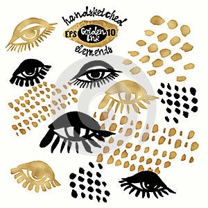 Set of trendy blog background design elementswith handdrawn gold