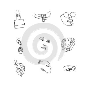 Set of trendy contour linear icons and elements for delicate feminine design, minimalictic simple fashion elements