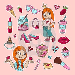 Set of trendy and cute stickers with girl supplies. Summer feminine elements. Bubble tea, necklace, coffee, shoes, crown, unicorn