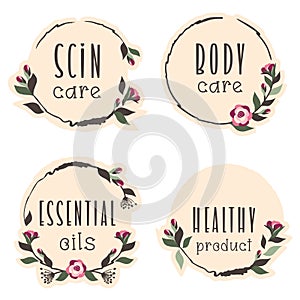 Set of trendy flower stickers with text scin care, essential oils, body care, healthy product. Floral label template. Vector