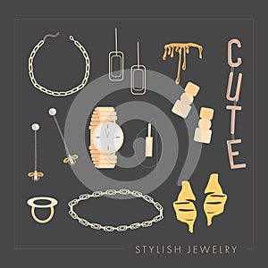 Set of trendy golden jewelry and accessories: rings, necklace, chain, earrings, mono earring, bracelets, watches.