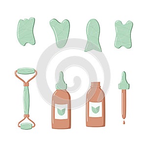 A set of trendy gua sha scrapers made of natural stone and cosmetic oil, roller massager for facial care. Vector illustration skin