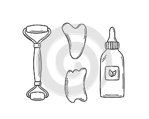 A set of trendy gua sha scrapers made of natural stone and cosmetic oil, roller massager for facial care. Vector illustration skin