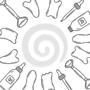 A set of trendy gua sha scrapers made of natural stone and cosmetic oil, roller massager for facial care. Vector illustration skin