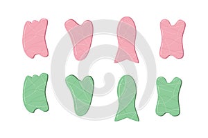 A set of trendy gua sha scrapers made of natural stone, massager for facial care. Vector illustration skin care concept.
