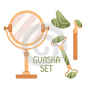 A set of trendy gua sha scrapers made of natural stone and roller massager for facial care. Vector illustration