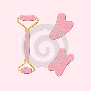 A set of trendy gua sha scrapers made of natural stone and roller massager for facial care. Vector illustration skin