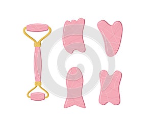 A set of trendy gua sha scrapers made of natural stone and roller massager for facial care. Vector illustration skin care concept