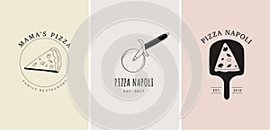 Set of trendy hand drawn Italian pizza logos, elements, illustrations. Arisan pizza concept design