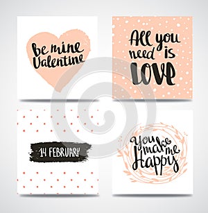 Set of trendy hipster Valentine Cards. Hand drawn vector backgrounds. Set of calligraphic headlines