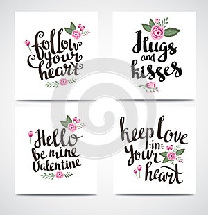 Set of trendy hipster Valentine Cards. Hand drawn vector backgrounds. Set of Valentine's calligraphics