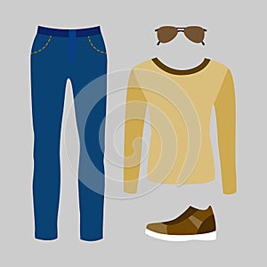 Set of trendy men's clothes with jeans, pullover and accessories