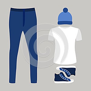 Set of trendy men's clothes with jeans, t-shirt, cap and sneaker