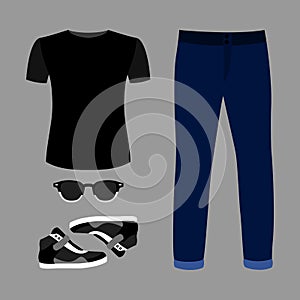 Set of trendy men's clothes with jeans, t-shirt, glasses