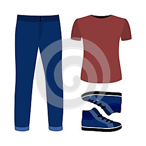 Set of trendy men's clothes with jeans, t-shirt and sneakers