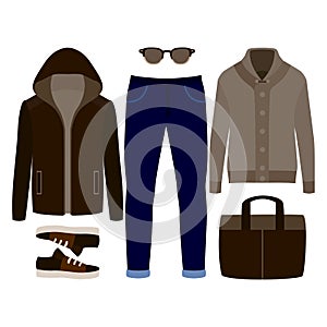 Set of trendy men's clothes. Outfit of man blazer, cardigan, pants and accessories. Men's wardrobe