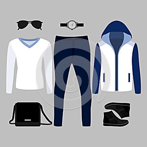 Set of trendy men's clothes. Outfit of man blazer, pullover, pants and accessories. Men's wardrobe