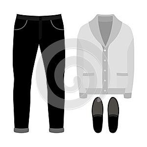 Set of trendy men's clothes. Outfit of man cardigan, pants and accessories. Men's wardrobe