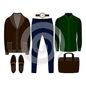 Set of trendy men's clothes. Outfit of man cardigan, shirt, pants and accessories. Men's wardrobe