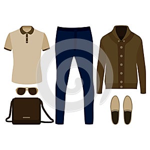 Set of trendy men's clothes. Outfit of man cardigan, t-shirt, pants and accessories. Men's wardrobe