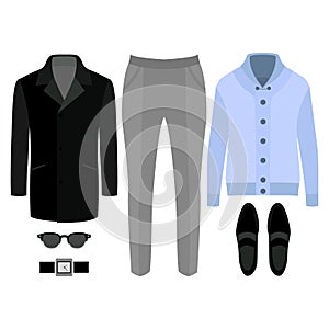 Set of trendy men's clothes. Outfit of man coat, cardigan, pants and accessories. Men's wardrobe