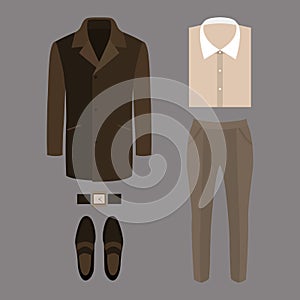 Set of trendy men's clothes. Outfit of man coat, pants, shirt a