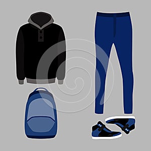 Set of trendy men's clothes. Outfit of man jeans, hoody and ac