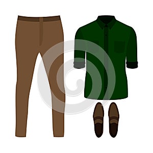 Set of trendy men's clothes. Outfit of man pants, shirt and loa