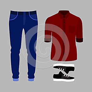 Set of trendy men's clothes. Outfit of man pants, shirt and sne