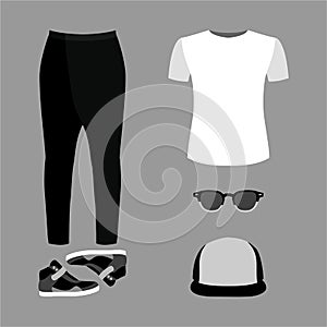 Set of trendy men's clothes. Outfit of man pants, t-shirt and a