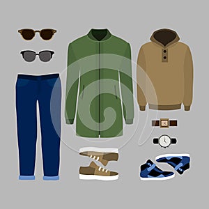 Set of trendy men's clothes. Outfit of man parka, jeans, hoody