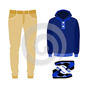 Set of trendy men's clothes with pants, hoody and sneakers.