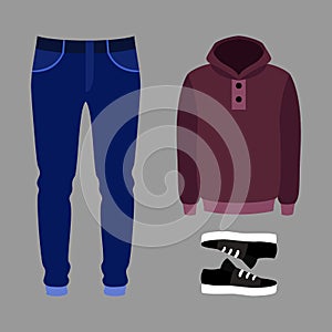 Set of trendy men's clothes with pants, hoody and sneakers.