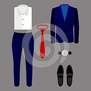 Set of trendy men's clothes with pants, jacket, shirt and access