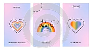 Set of trendy minimalist queer aesthetic posters with linear shapes and retro gradient LGBTQIA graphics. Y2K Pride Month