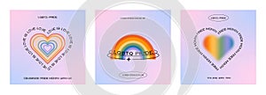 Set of trendy minimalist queer aesthetic square cards with retro gradient blur rainbow and heart. LGBTQIA Pride Month