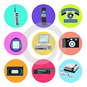 Set of trendy retro old cool hipster vintage round icons from 70s, 80s, 90s items mobile cell phone, electronic toy, computers