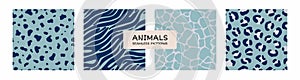 Set of trendy seamless patterns of blue animal prints. Abstract stripes and spots similar to the skin of a leopard, giraffe and