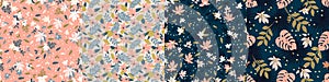 Set trendy seamless patterns with hand drawn decorative flowers in peach shades. Floral vector patterns for textile