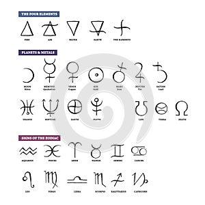 Set of trendy vector alchemy symbols collection on white background. photo