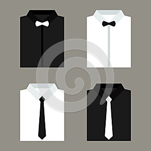 Set of trendy white and black mens shirts with ties and bow tie