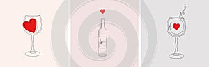 Set of trendy wine single line illustrations in minimalist style. Wine bottle and glass contour drawing with red heart symbol in