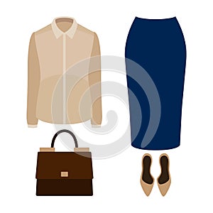 Set of trendy women's clothes with blue skirt, blouse and acces