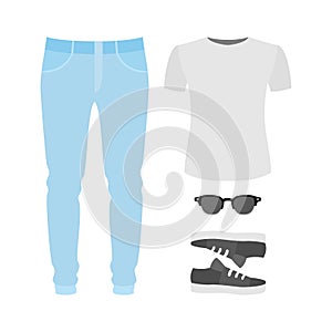 Set of trendy women's clothes with jeans, t-shirt and accessori photo