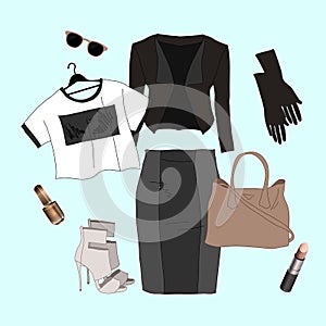 Set of trendy women`s clothes. Outfit of woman jacket,