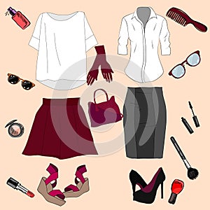 Set of trendy women`s clothes. Outfit of woman jacket,