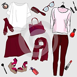 Set of trendy women`s clothes. Outfit of woman jacket,