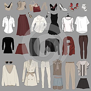 Set of trendy women`s clothes. Outfit of woman jacket,