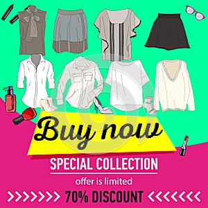 Set of trendy women`s clothes. Outfit of woman jacket,