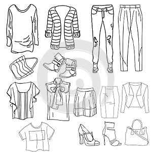 Set of trendy women`s clothes. Outfit of woman jacket,
